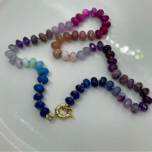 Rainbow hand knotted beaded gemstone necklace 18” blue pink purple 925 silver